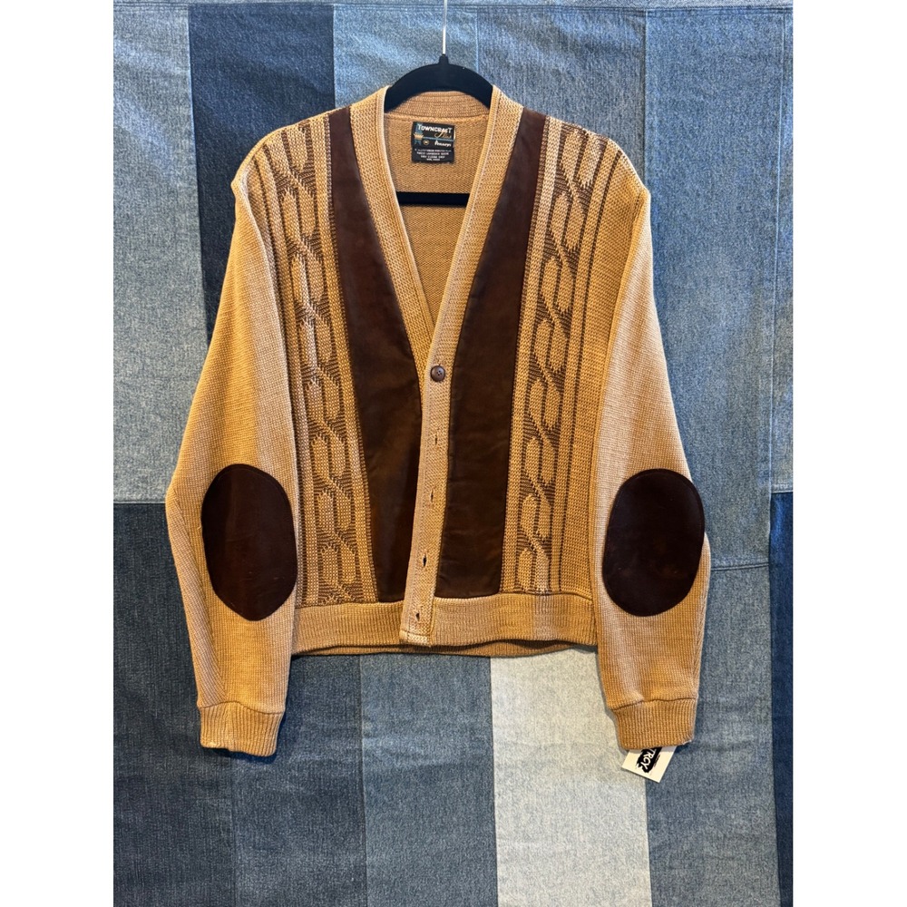 Vintage 60s Towncraft Plus Penneys Wool Cardigan Suede Front Elbow Patch Tan M